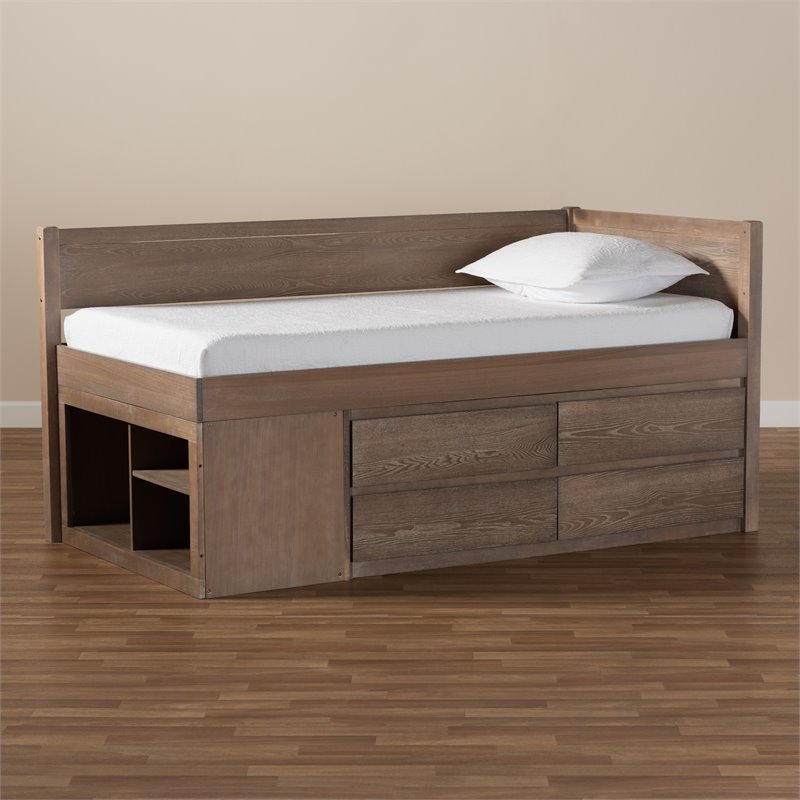Baxton Studio Levon Antique Oak Finished Wood 4-Drawer Twin Size Storage Bed