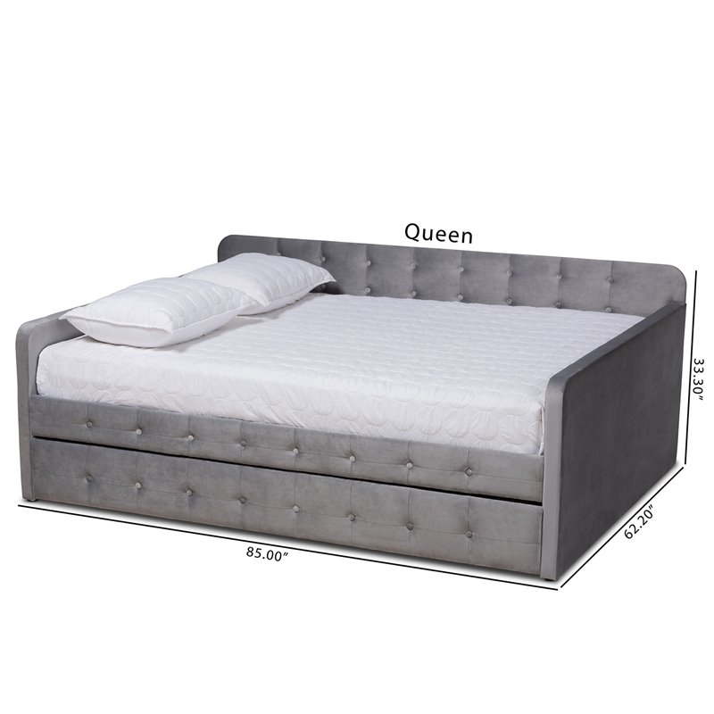 Baxton Studio Jona Gray Velvet Upholstered Queen Size Daybed with Trundle