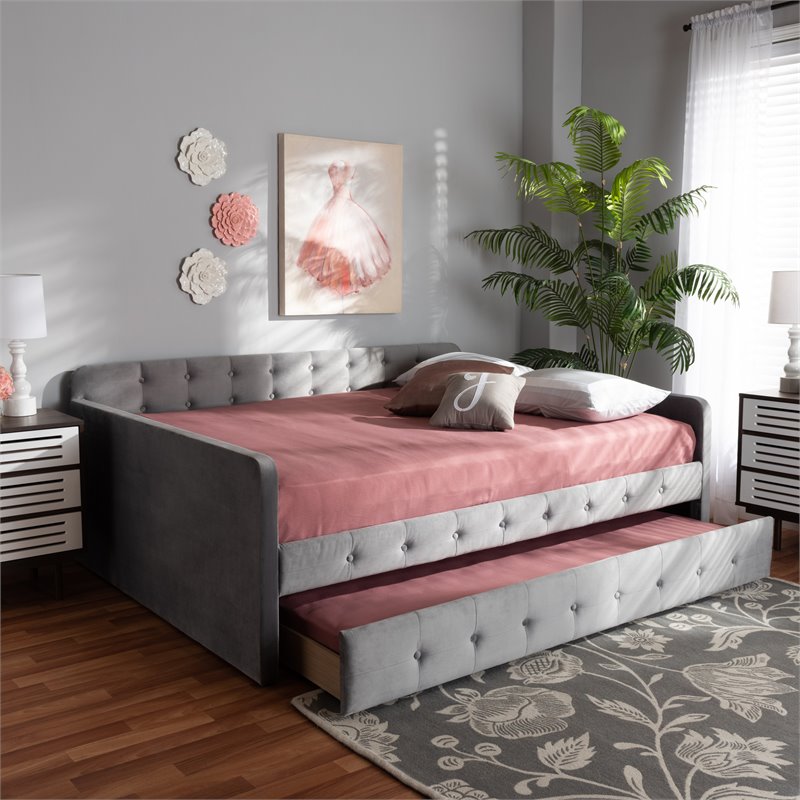Baxton Studio Jona Gray Velvet Upholstered Queen Size Daybed with Trundle