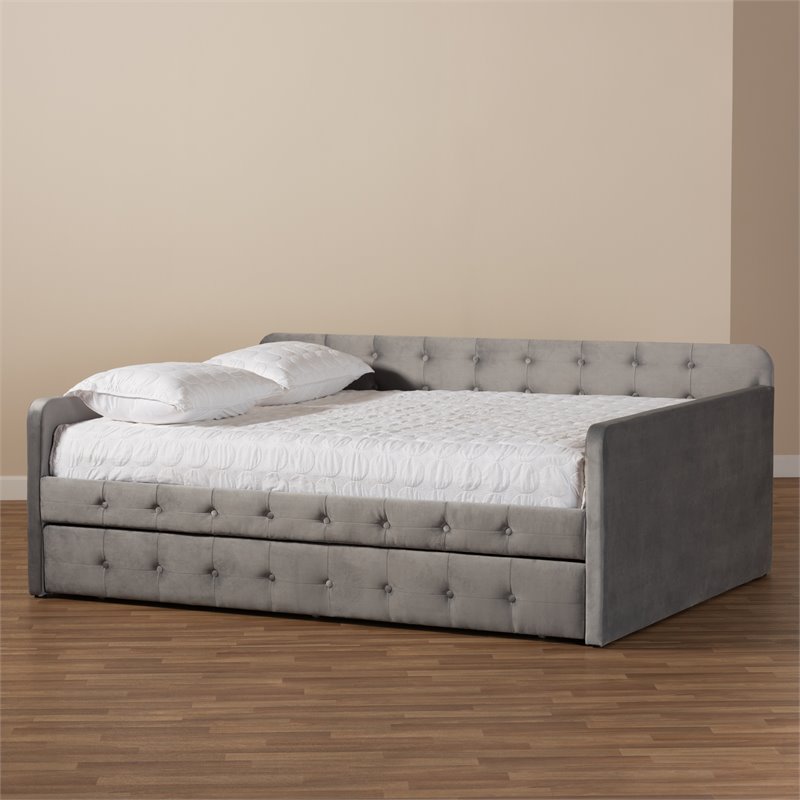 Baxton Studio Jona Gray Velvet Upholstered Queen Size Daybed with Trundle