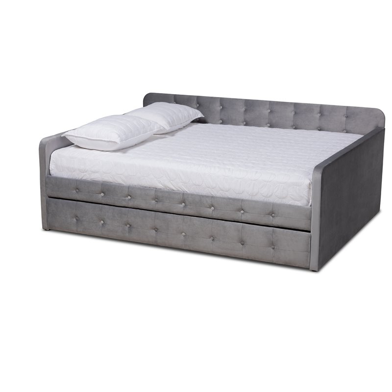 Baxton Studio Jona Gray Velvet Upholstered Queen Size Daybed with Trundle