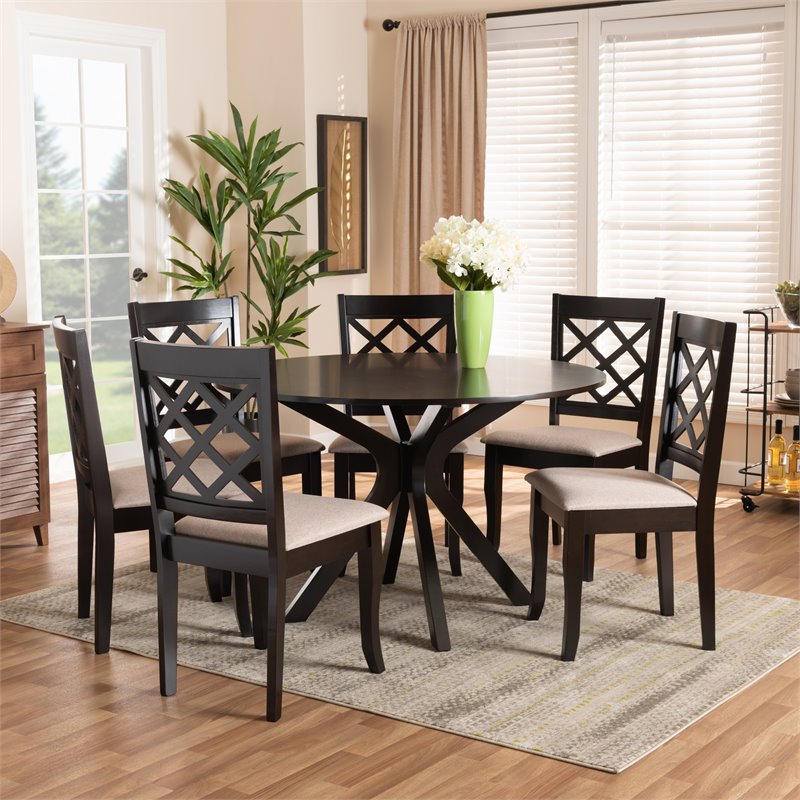 Baxton Studio Jana Sand Fabric and Dark Brown Finished Wood 7-Piece Dining Set