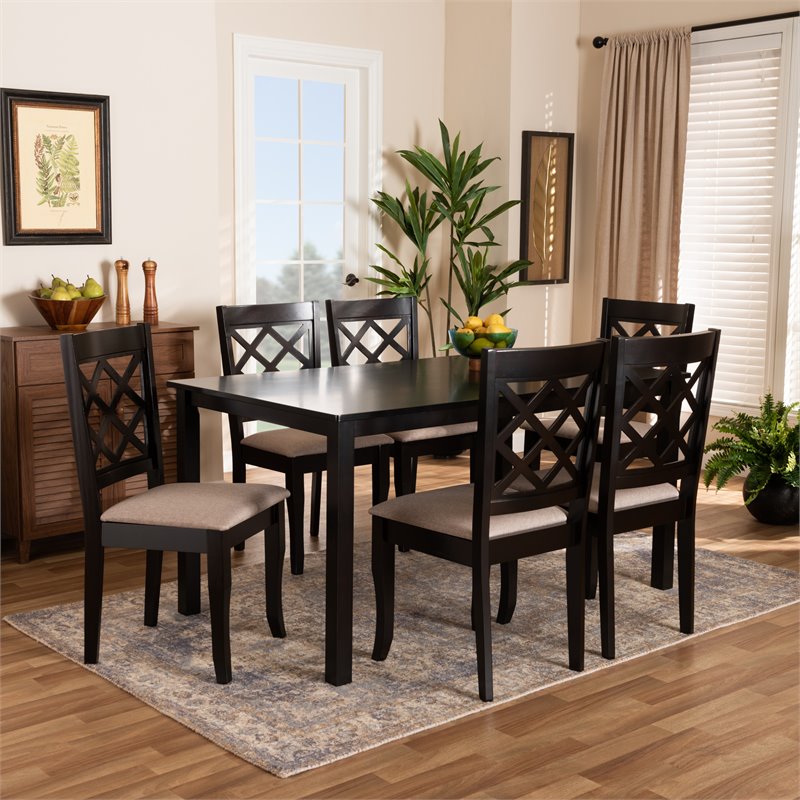 Baxton Studio Verner Sand Fabric Dark Brown Finished 7-Piece Wood Dining Set