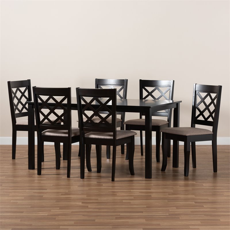 Baxton Studio Verner Sand Fabric Dark Brown Finished 7-Piece Wood Dining Set