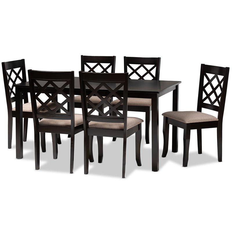 Baxton Studio Verner Sand Fabric Dark Brown Finished 7-Piece Wood Dining Set