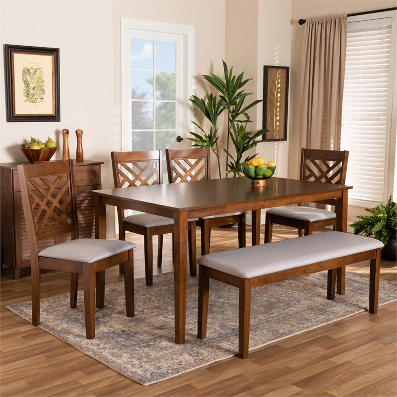 Baxton Studio Gustavo Gray Fabric and Walnut Finished Wood 6-Piece Dining Set
