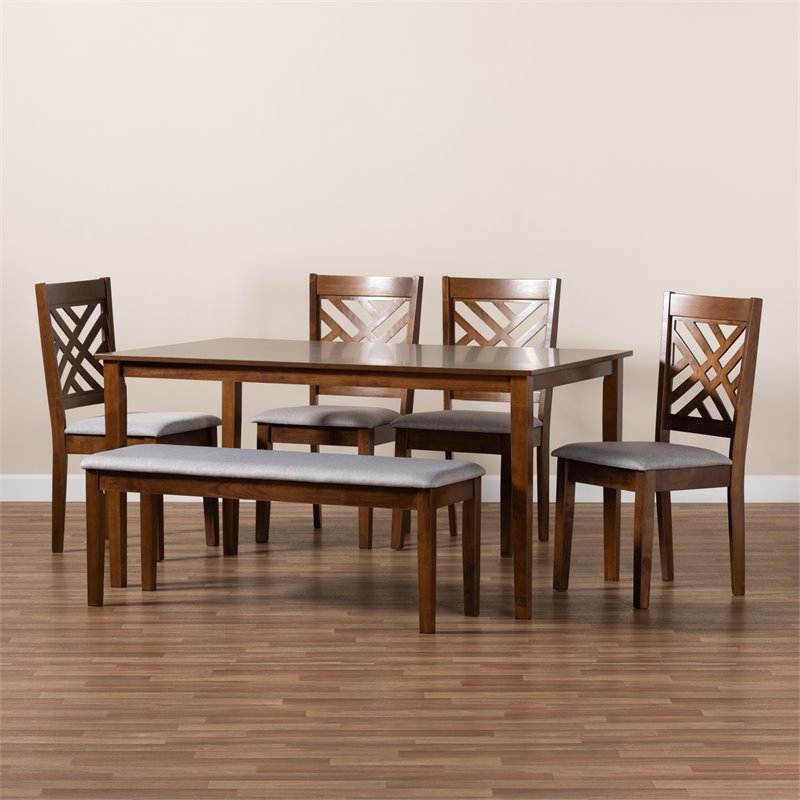 Baxton Studio Gustavo Gray Fabric and Walnut Finished Wood 6-Piece Dining Set