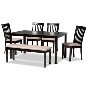 Baxton Studio Minette Sand Fabric Dark Brown Finished Wood 6-Piece Dining Set