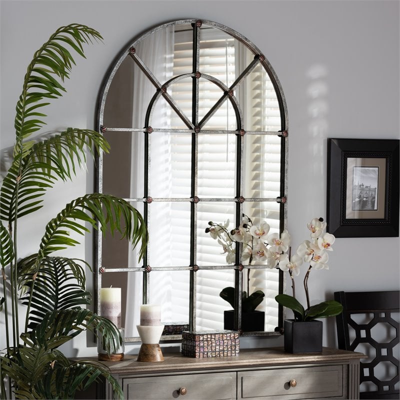 Baxton Studio Vintage Farmhouse Silver Finished Arched Window Wall Mirror