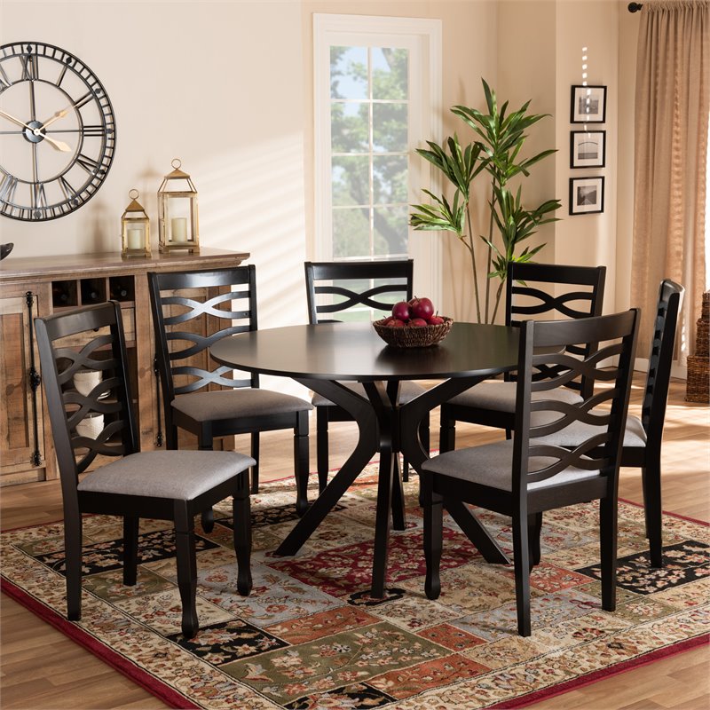 Baxton Studio Mila Grey Fabric and Dark Brown Finished Wood 7-Piece Dining Set