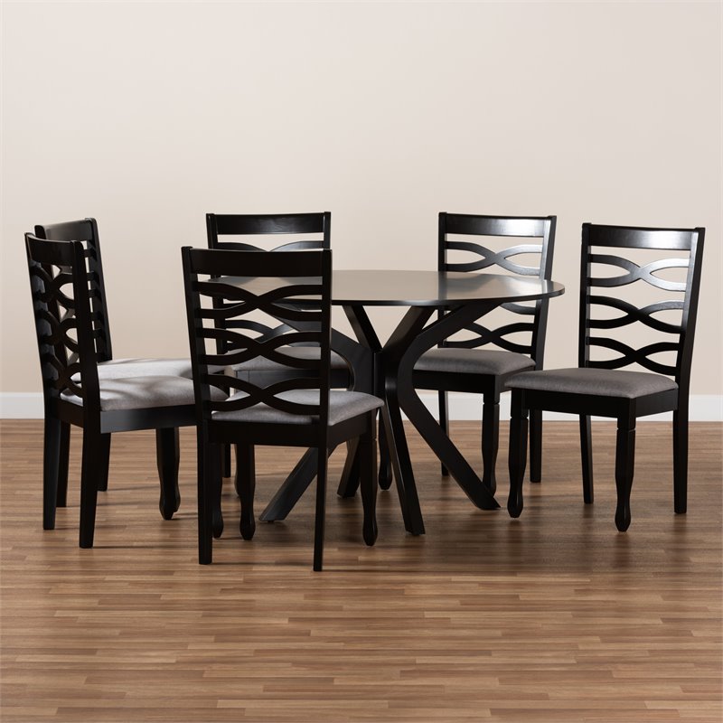Baxton Studio Mila Grey Fabric and Dark Brown Finished Wood 7-Piece Dining Set