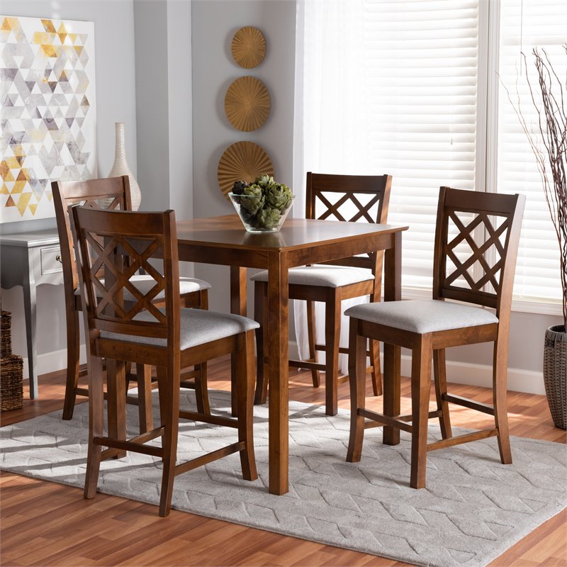 Baxton Studio Alora Grey Fabric Walnut Brown Finished 5-Piece Wood Pub Set
