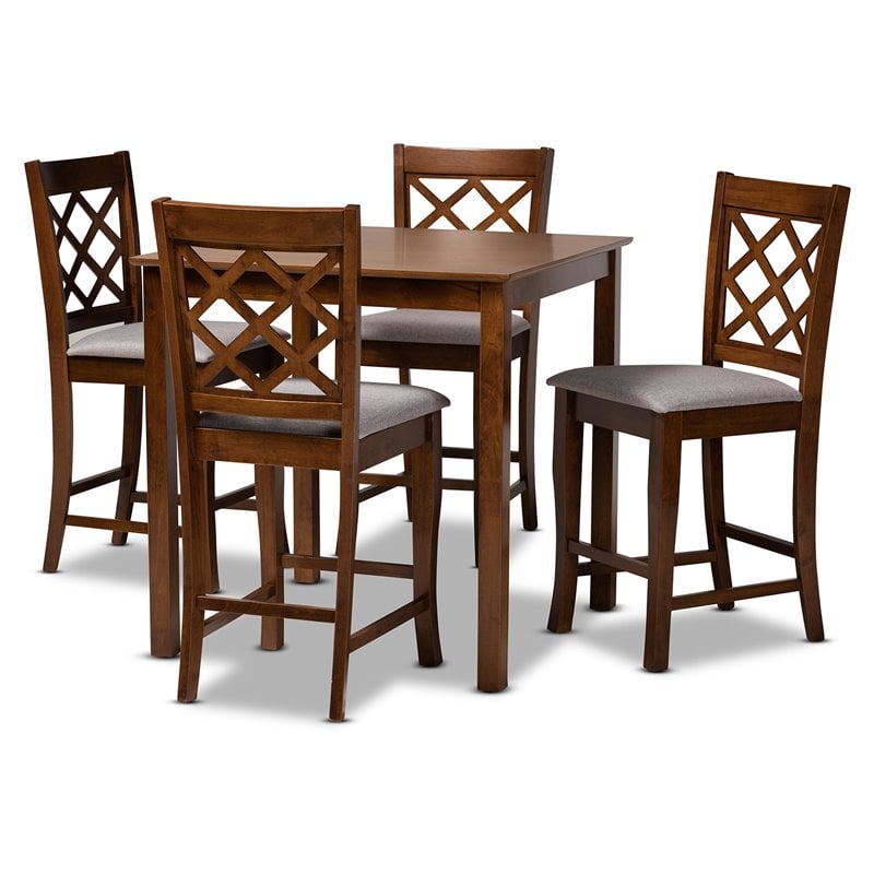 Baxton Studio Alora Grey Fabric Walnut Brown Finished 5-Piece Wood Pub Set