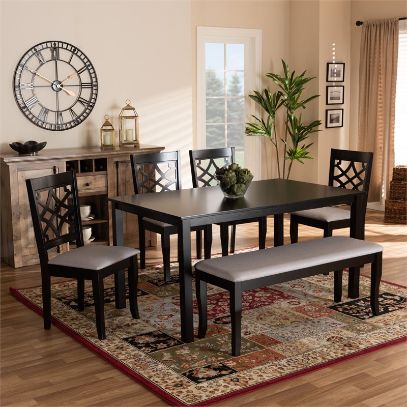 Baxton Studio Dori Grey Fabric and Dark Brown Finished Wood 6-Piece Dining Set