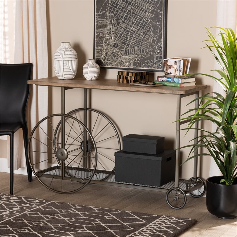 Baxton Studio Natural Finished Wood and Black Finished Metal Wheeled Table