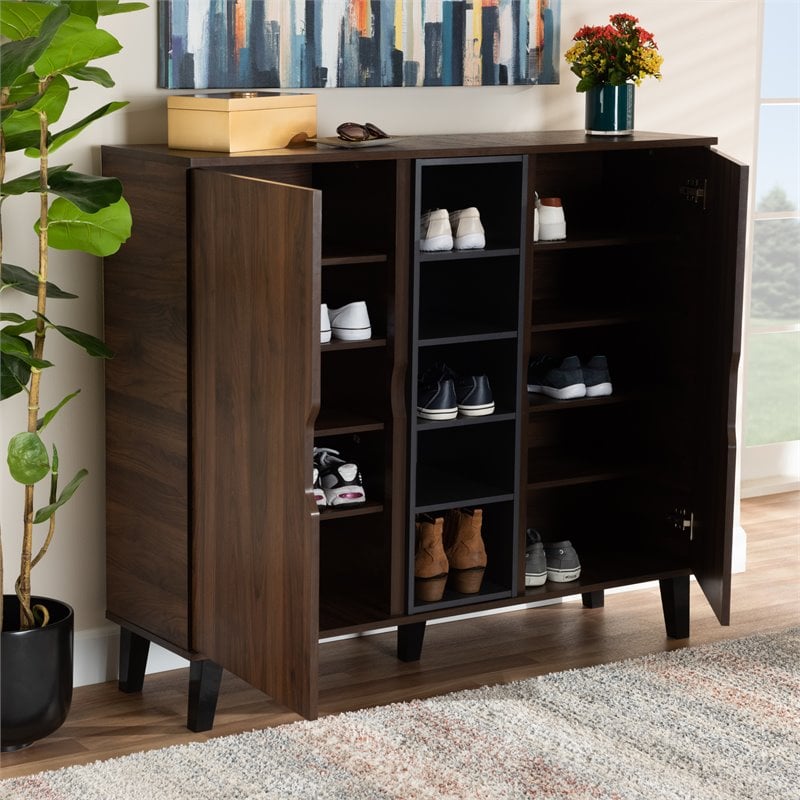 Baxton Studio Two-Tone Walnut Brown and Grey Finished Wood 2-Door Shoe Cabinet