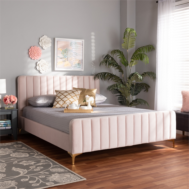 Baxton Studio Pink Fabric Upholstered and Gold Finished Full Size Platform Bed