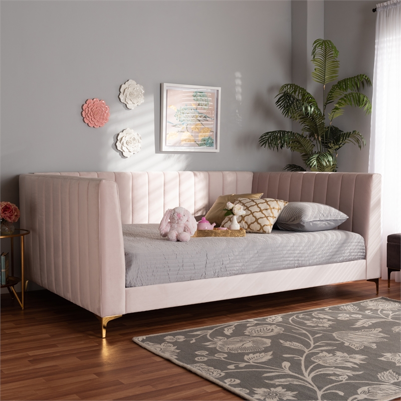 Baxton Studio Oksana Pink Velvet Upholstered and Gold Finished Queen Size Daybed