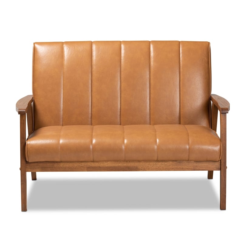 Baxton Studio Leather Upholstered and Brown finished Wood Loveseat