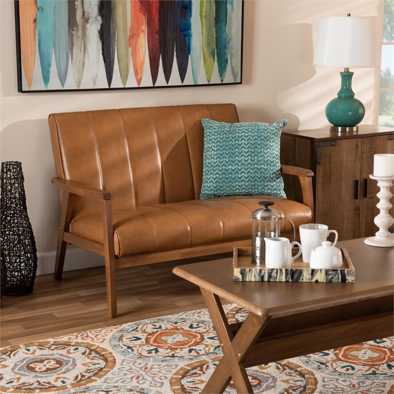 Baxton Studio Leather Upholstered and Brown finished Wood Loveseat
