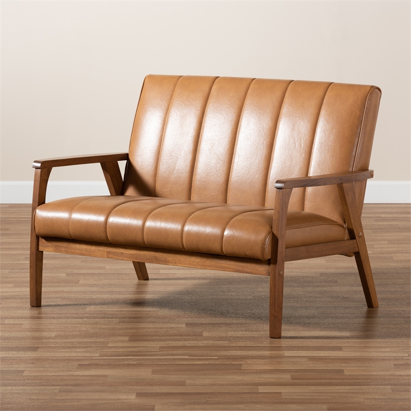Baxton Studio Leather Upholstered and Brown finished Wood Loveseat