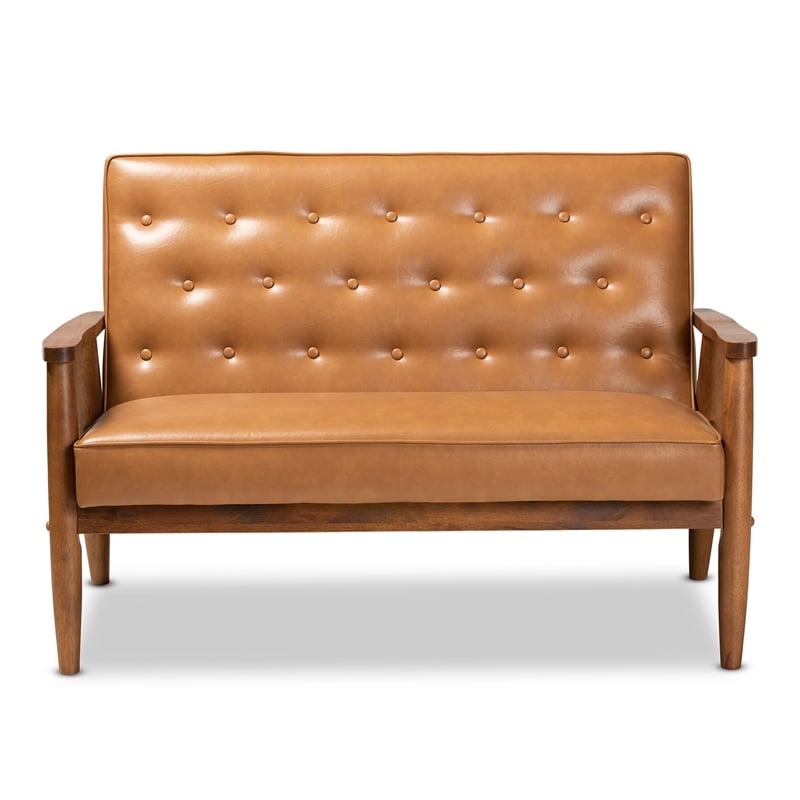 Baxton Studio Leather Upholstered and Walnut Brown Finished Wood Loveseat