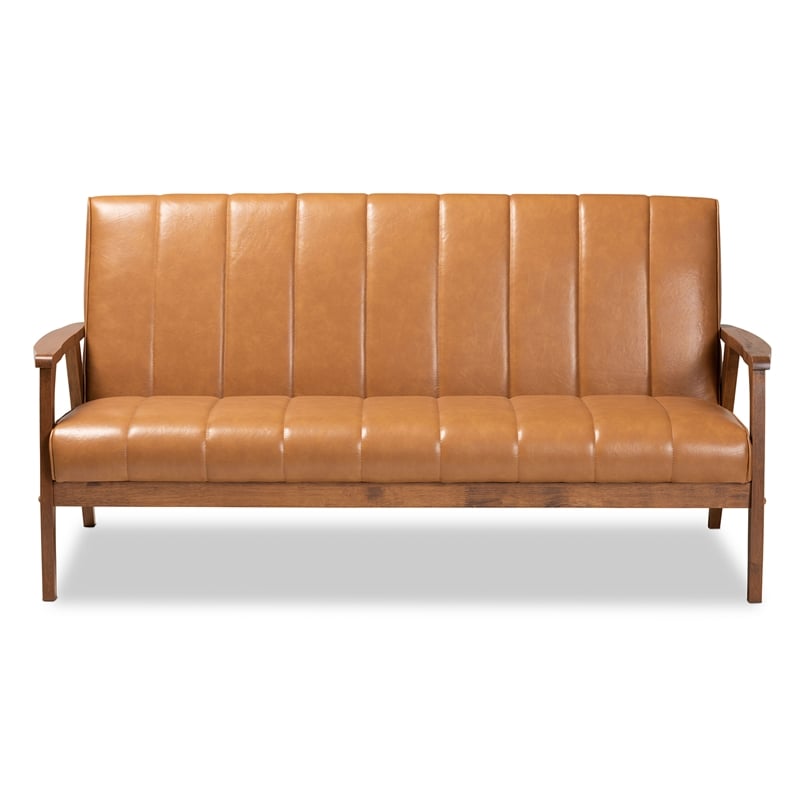 Baxton Studio Nikko Faux Leather Upholstered and Walnut Brown finished Wood Sofa