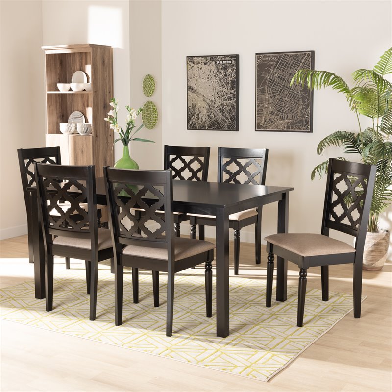 Baxton Studio Sand Fabric Upholstered and Brown Finished Wood 7-Piece Dining Set
