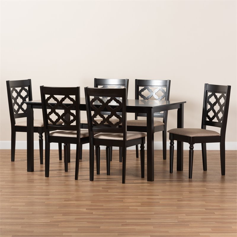 Baxton Studio Sand Fabric Upholstered and Brown Finished Wood 7-Piece Dining Set
