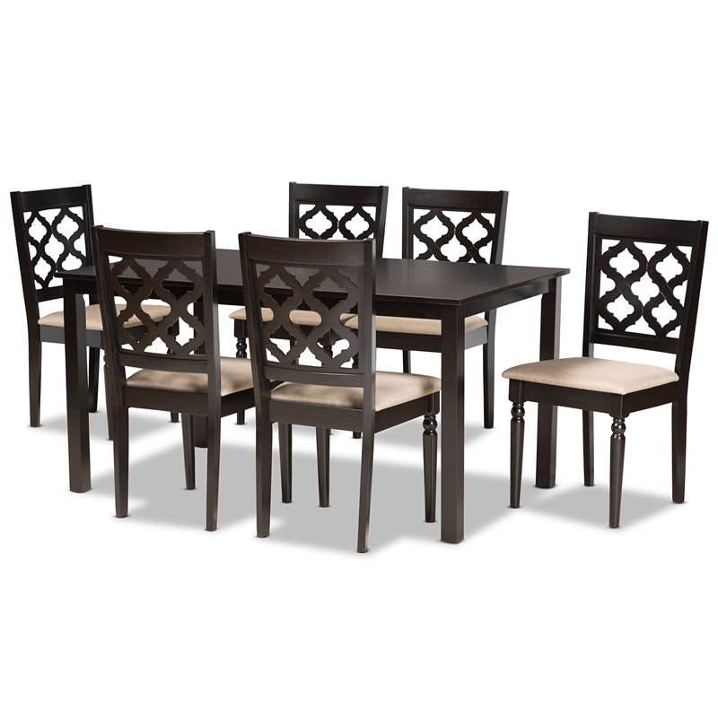 Baxton Studio Sand Fabric Upholstered and Brown Finished Wood 7-Piece Dining Set