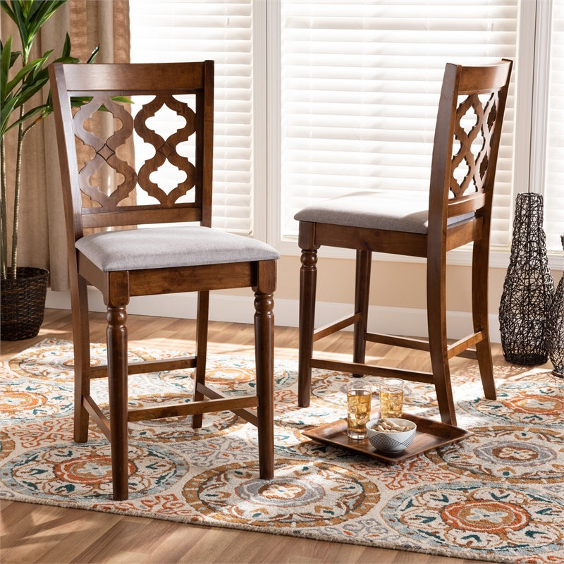Baxton Studio Grey Upholstered and Brown Finished Wood 2-Piece Counter Stool Set