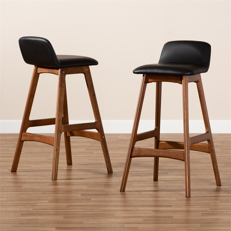 Baxton Studio Black Upholstered and Brown Finished Wood 2-Piece Bar Stool Set