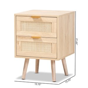 Baxton Studio Baird Light Oak Brown Wood and Rattan 2-Drawer End Table