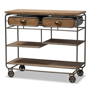 Baxton Studio Brown Finished Wood and Black Finished Metal 2-Drawer Kitchen Cart