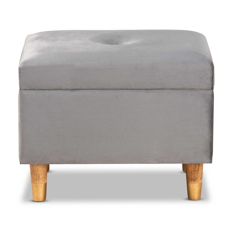 Baxton Studio Elias Grey Velvet and Brown Finished Wood Storage Ottoman