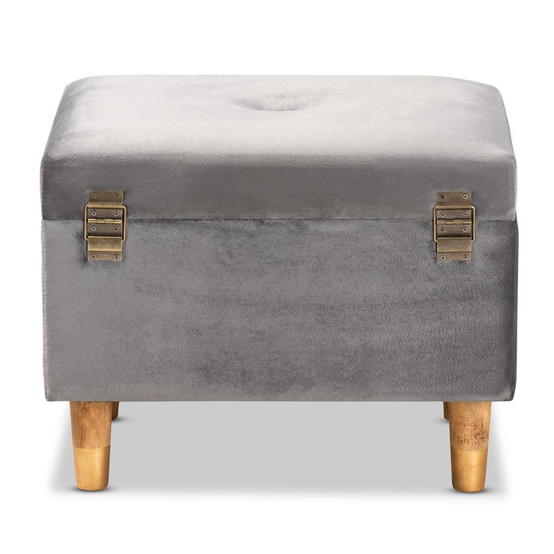 Baxton Studio Elias Grey Velvet and Brown Finished Wood Storage Ottoman