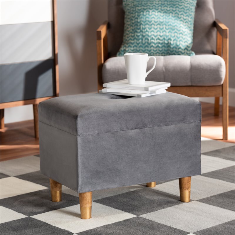 Baxton Studio Elias Grey Velvet and Brown Finished Wood Storage Ottoman