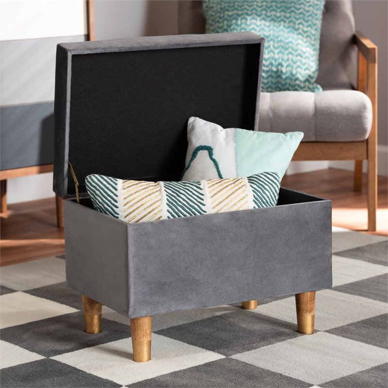 Baxton Studio Elias Grey Velvet and Brown Finished Wood Storage Ottoman