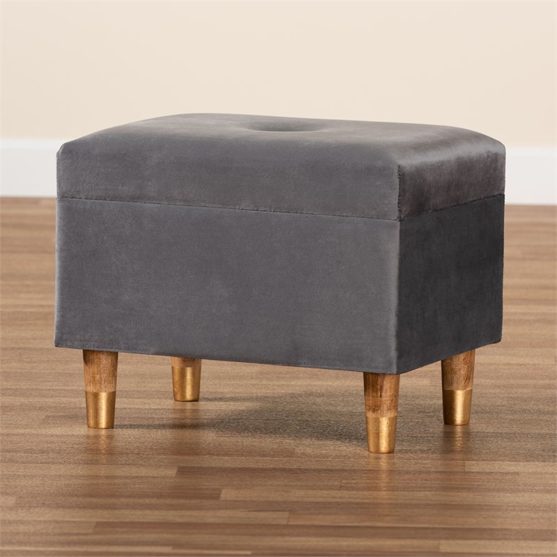 Baxton Studio Elias Grey Velvet and Brown Finished Wood Storage Ottoman