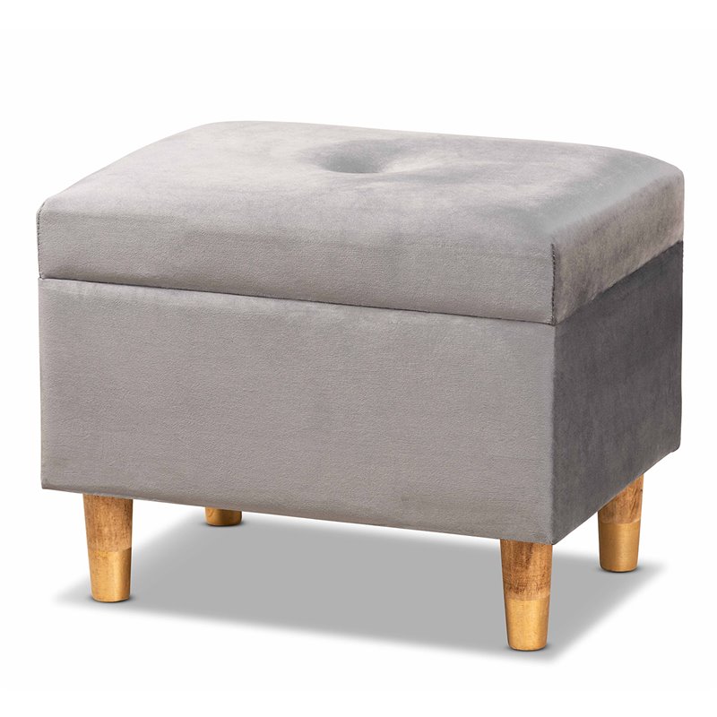 Baxton Studio Elias Grey Velvet and Brown Finished Wood Storage Ottoman
