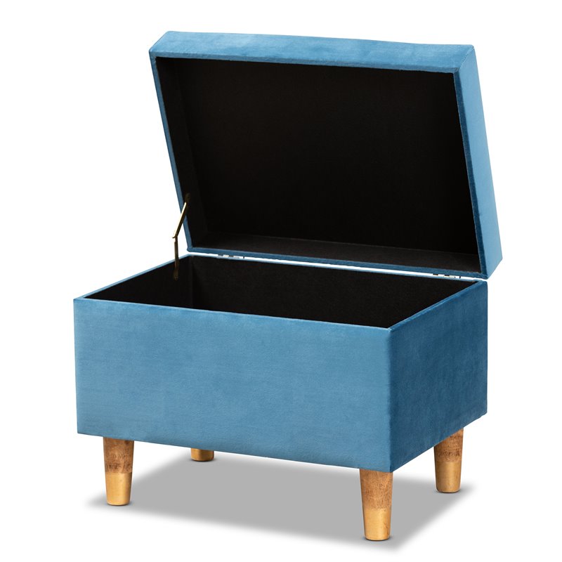 Baxton Studio Elias Sky Blue Velvet and Brown Finished Wood Storage Ottoman