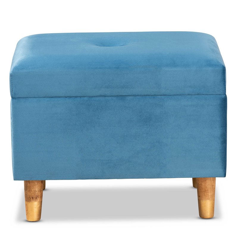 Baxton Studio Elias Sky Blue Velvet and Brown Finished Wood Storage Ottoman