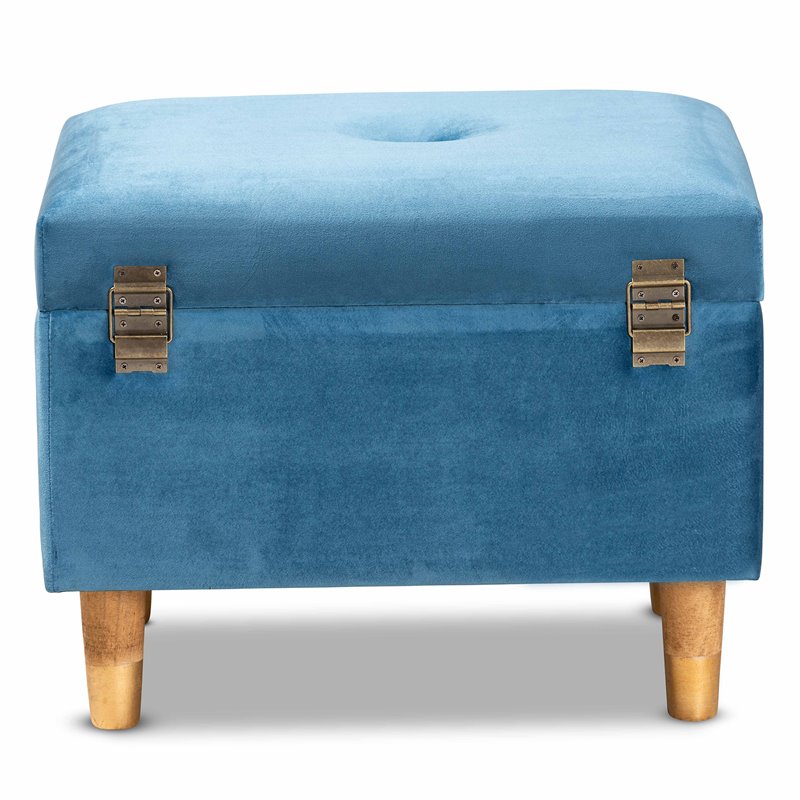 Baxton Studio Elias Sky Blue Velvet and Brown Finished Wood Storage Ottoman