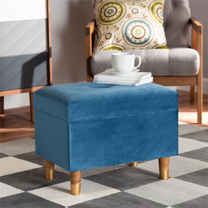 Baxton Studio Elias Sky Blue Velvet and Brown Finished Wood Storage Ottoman