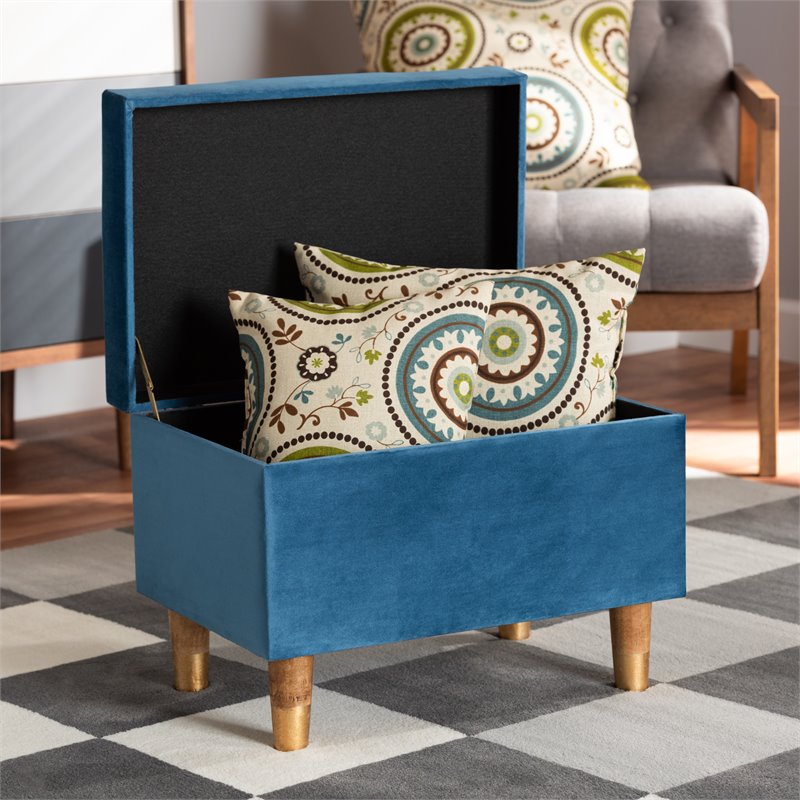 Baxton Studio Elias Sky Blue Velvet and Brown Finished Wood Storage Ottoman
