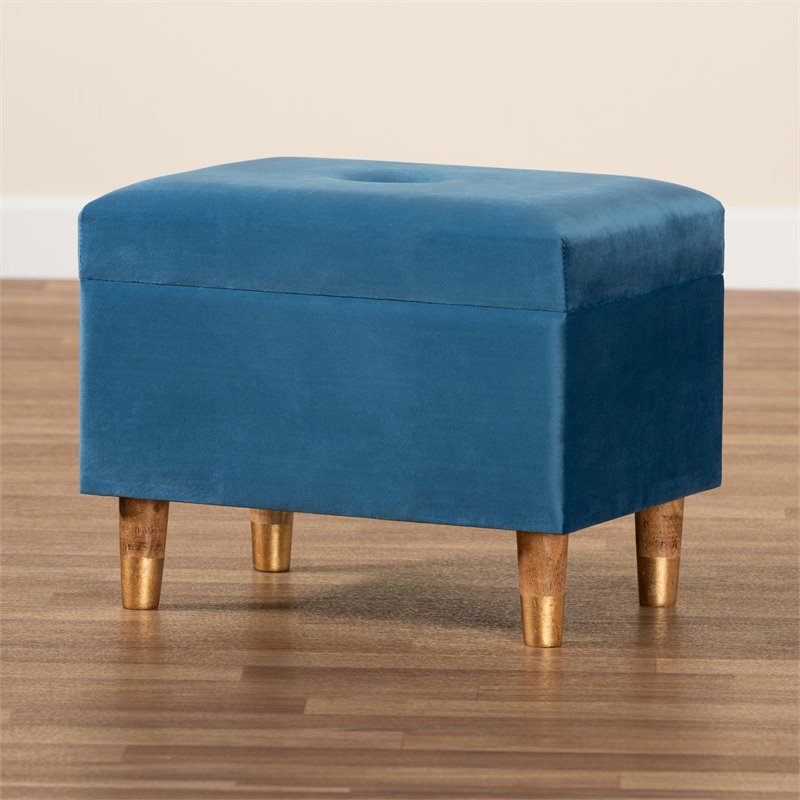 Baxton Studio Elias Sky Blue Velvet and Brown Finished Wood Storage Ottoman
