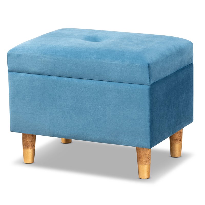 Baxton Studio Elias Sky Blue Velvet and Brown Finished Wood Storage Ottoman