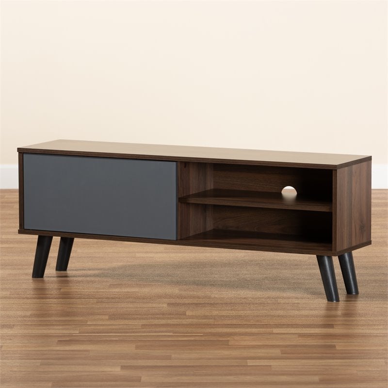 Baxton Studio Mallory Two-Tone Walnut Brown and Grey Finished Wood TV Stand