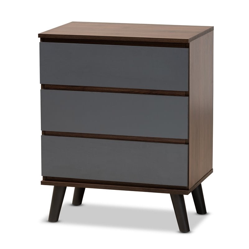 Baxton Studio Roldan Walnut and Grey Finished Wood 3-Drawer Bedroom Chest