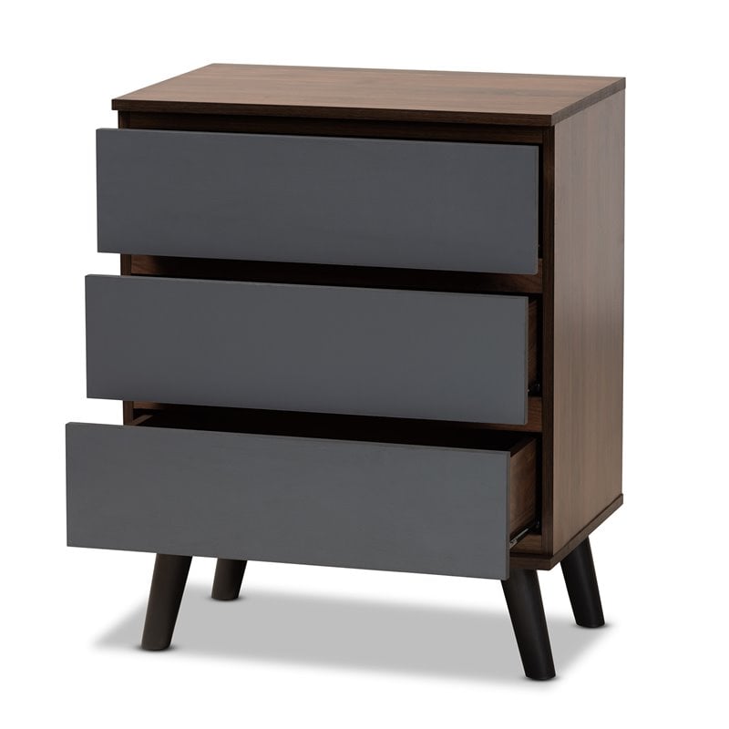 Baxton Studio Roldan Walnut and Grey Finished Wood 3-Drawer Bedroom Chest